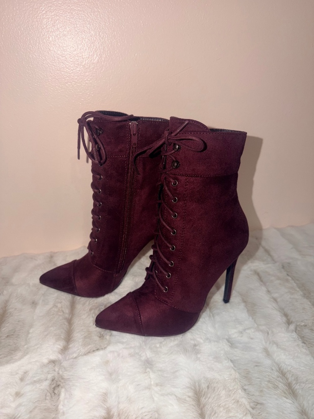 So Me Burgundy 4" Stiletto Heel Ankle Boot With Lace-Up Front & A Side Zipper